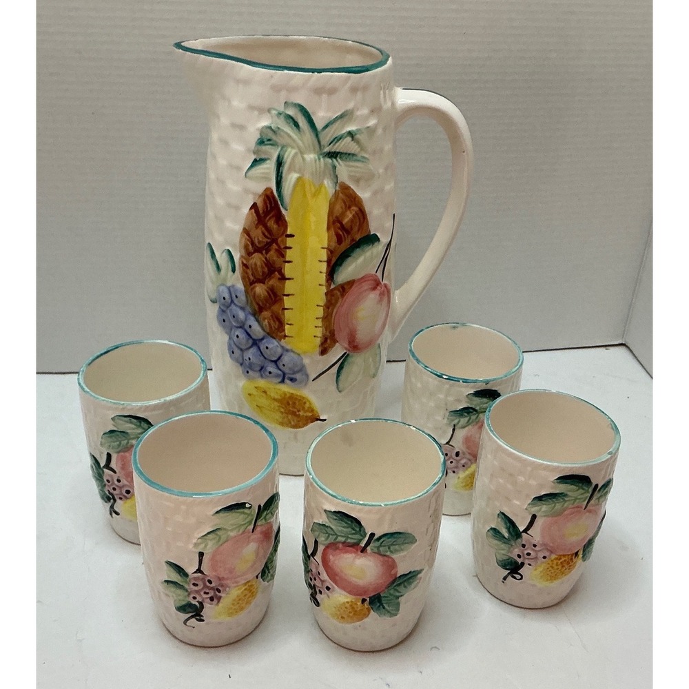 Vintage Pitcher and 5 Cup Set Fruit Basketweave Ceramic‎ Tropical Cream